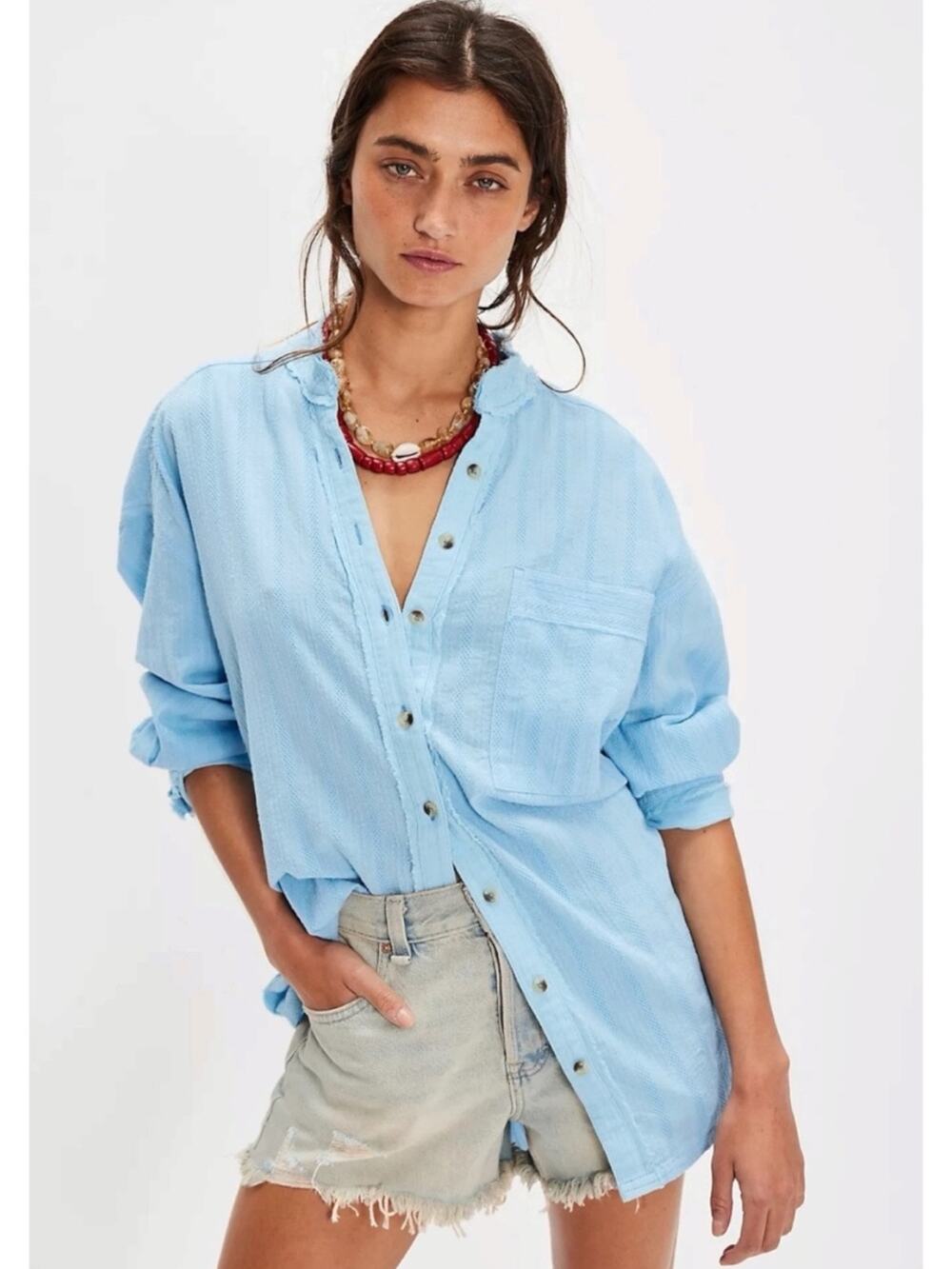 Free People Bohemian Oversized Summer Sorbet Shirt Larkspur Blue Size Medium